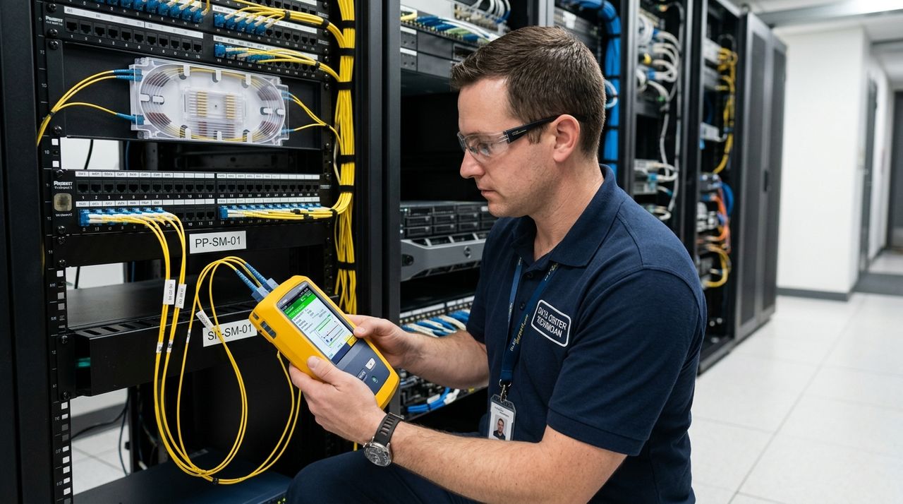 Certificação de fibra óptica: técnico com testador óptico portátil conectado a patch panel de fibra