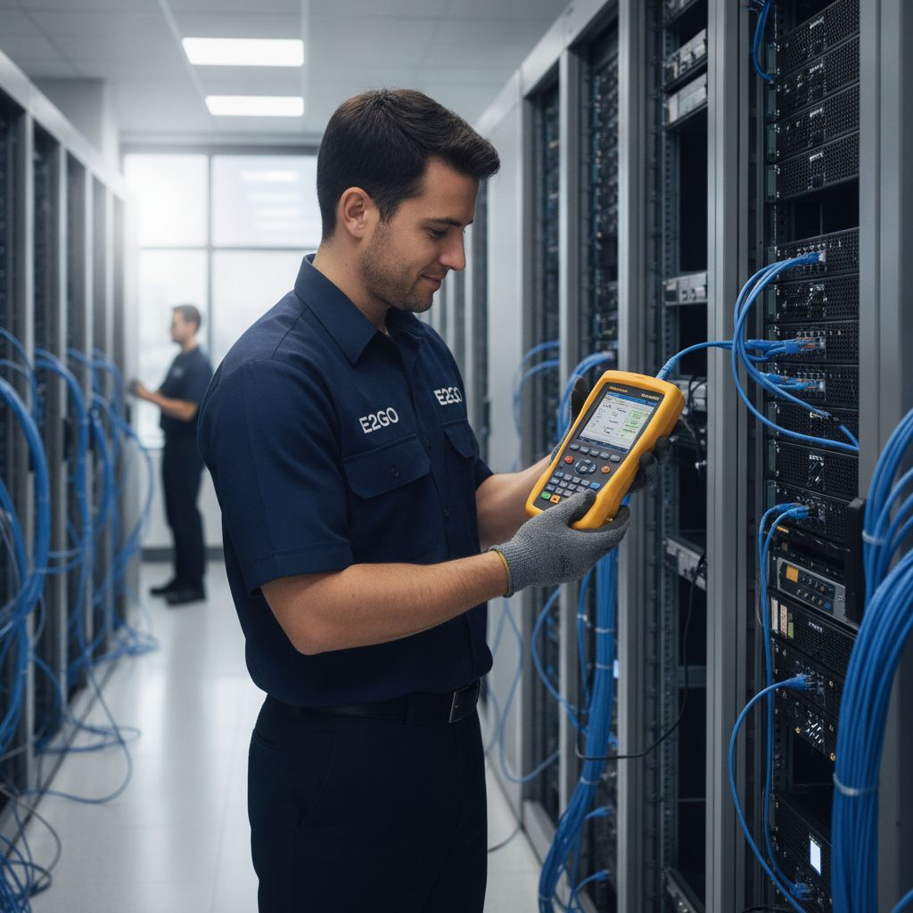 Certificação de cabeamento estruturado de rede de dados com Fluke DSX-5000 calibrado em fábrica e galpão comercial - E2GO RJ e SP